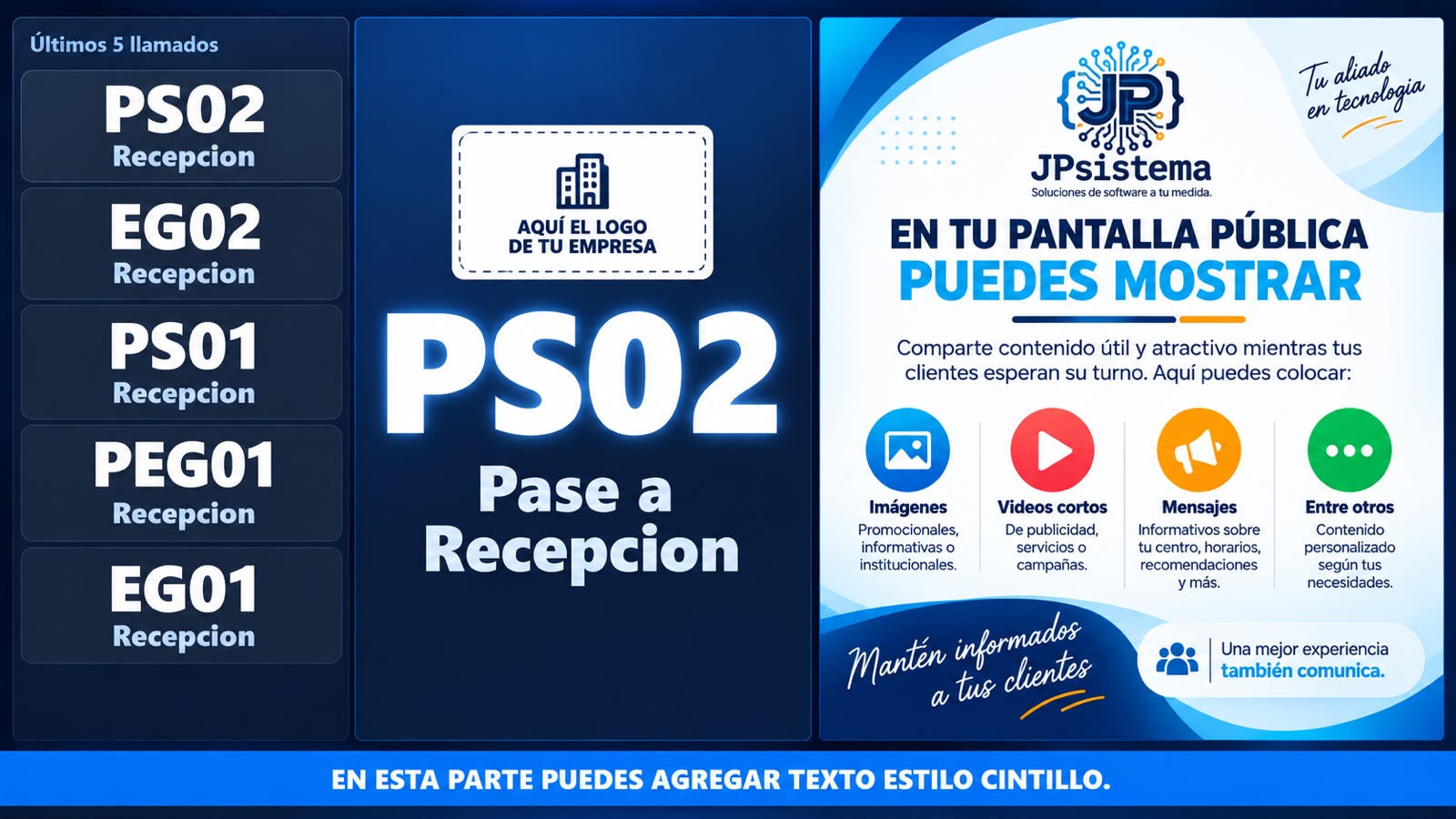 Pantalla pública real del Sistema de Turnos Inteligente, mostrando el turno PS02 y los últimos llamados